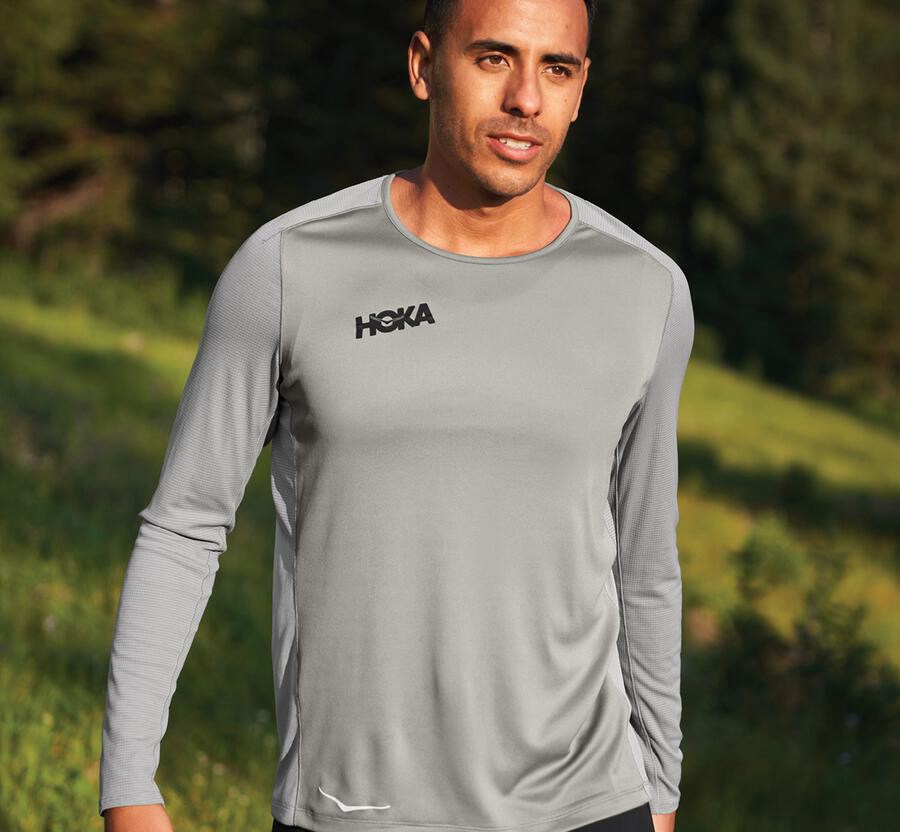 Hoka One One Tops Mens Grey - Performance Long Sleeve - 81420KWVQ